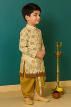 Cotton Blend Printed Kurta with Dhoti for Boys, Brown & Golden 