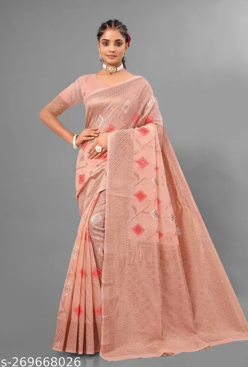 Cotton Linen Zari Woven Saree for Women (Peach, 6.3 m)