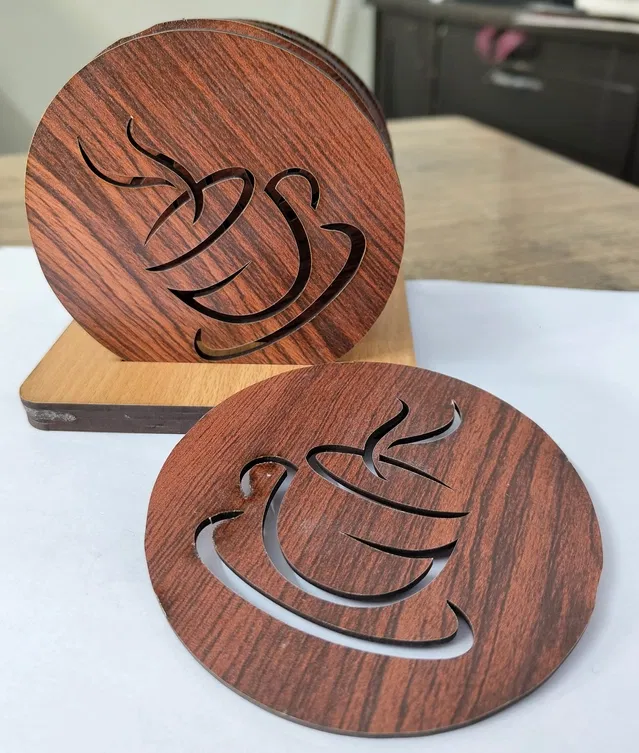 MDF Wooden 6 Pcs Coasters with Stand (Brown, Set of 1)