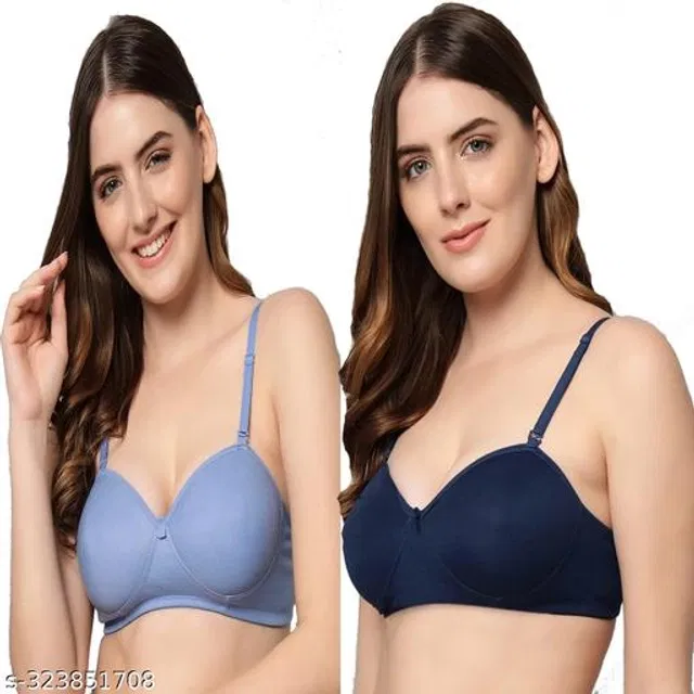 Cotton Blend Solid Padded Bra for Women (Blue, 34B) (Pack of 2)