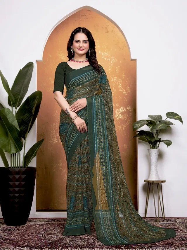 Georgette Printed Saree for Women (Green)