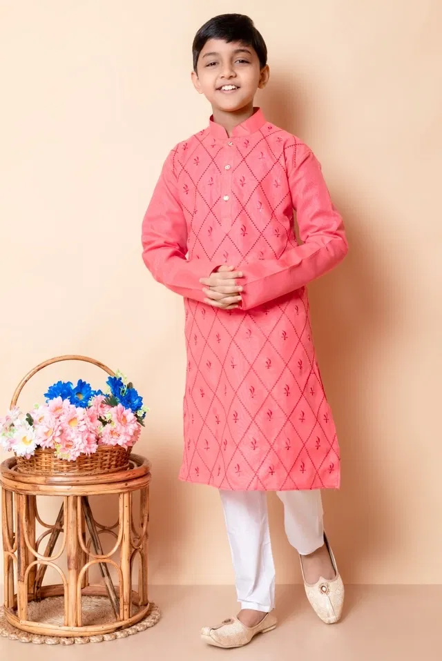 Cotton Blend Embellished Kurta with Payjama for Boys, Pink & White (9-10 Years)