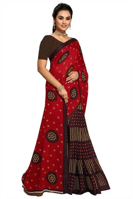 Kanooda Prints Georgette Women Saree With Un-stitched Blouse (Red) (KP-80)