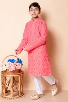 Cotton Blend Embellished Kurta with Payjama for Boys, Pink & White 