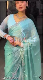 Jimmy Choo Embellished Saree For Women, Aqua Blue