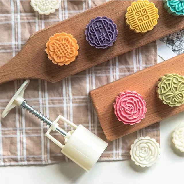 Plastics Moon Cake Moulds With 5 Press Stamps, Multicolour, Set of 1