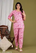 Cotton Printed Top & Bottom Set for Women, Pink 
