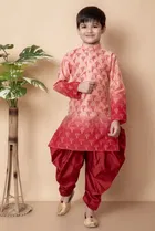 Dupion Silk Printed Kurta with Dhoti for Boys, Peach & Red 