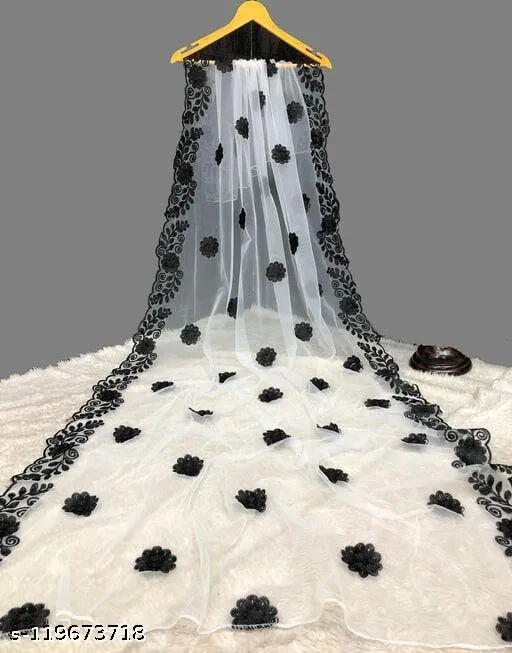 Embroidered Marwadi Net Floral Sewing & Embroidery (White, Free Size)