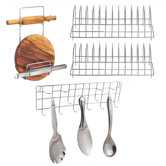 2 Pcs Stainless Steel Plate Stand & Chakla Belan Stand with Wall Mounted Ladle Rail (Set of 4, Silver)