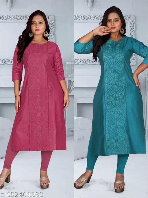 Solid Chanderi Cotton Kurti for Women, Pack of 2 (Multicolor, XXXL)
