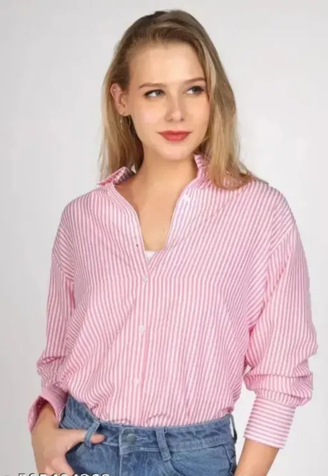Full Sleeves Striped Shirt for Women (Pink, XL)