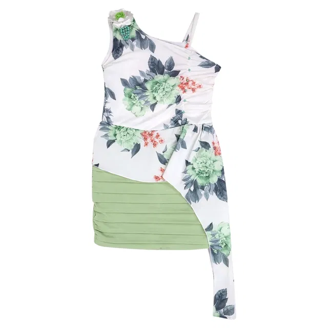 Printed Polyester Dress for Girls (White & Green, 2-3 Years)