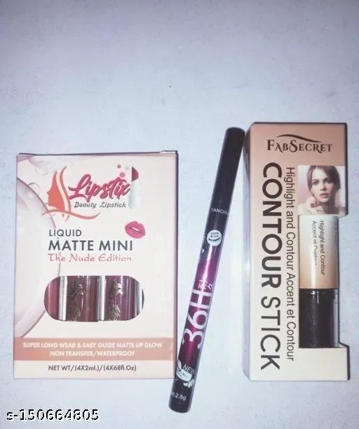Combo of 36H Eyeliner with 2 in 1 Contour Stick & 4 Pcs Liquid Lipstick (Multicolor, Set of 6)