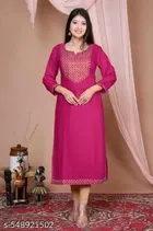Solid Embroidered Rayon Slub Kurti for Women 
