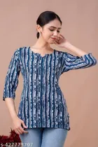 Cotton Printed Short Kurti for Women, Blue 