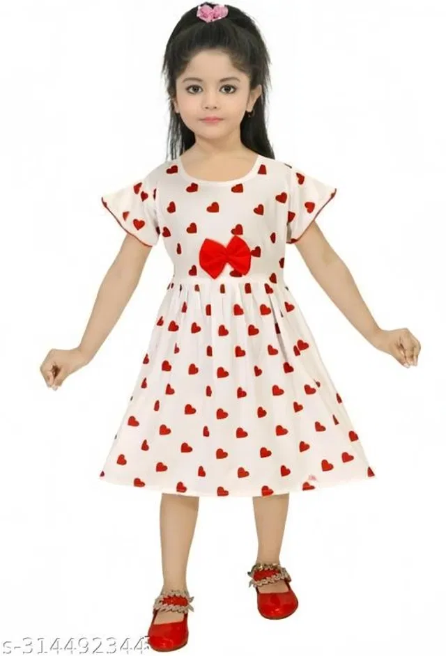 Cotton Frock for Girls (White & Red, 9-12 Months)