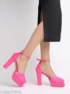 [247] Pink Solid Square Toe Block Sandals for Women 