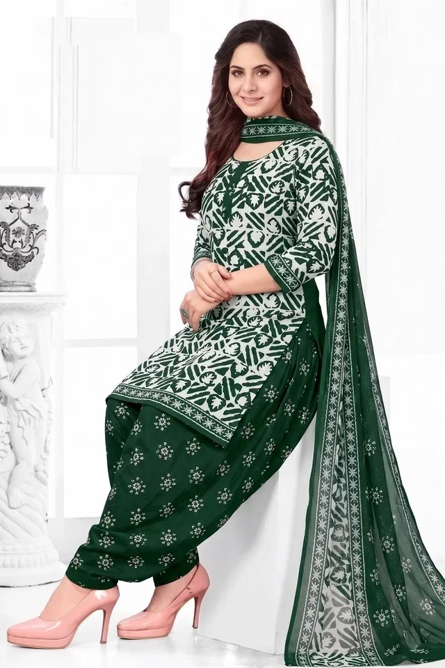 Punjabi Floral Suit for Women (Green, Green)