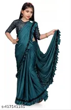 Polycotton Solid Saree with Blouse for Girls (Teal, 3-4 Years)