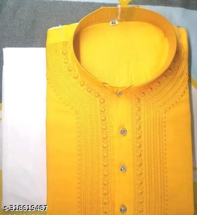 Cotton Embroidered Kurta with Pyjama for Men (Yellow & White, M)