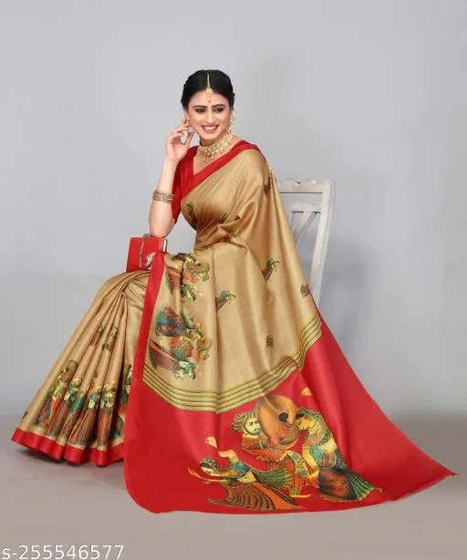 Art Silk Printed Saree for Women, Beige (6.3 m)
