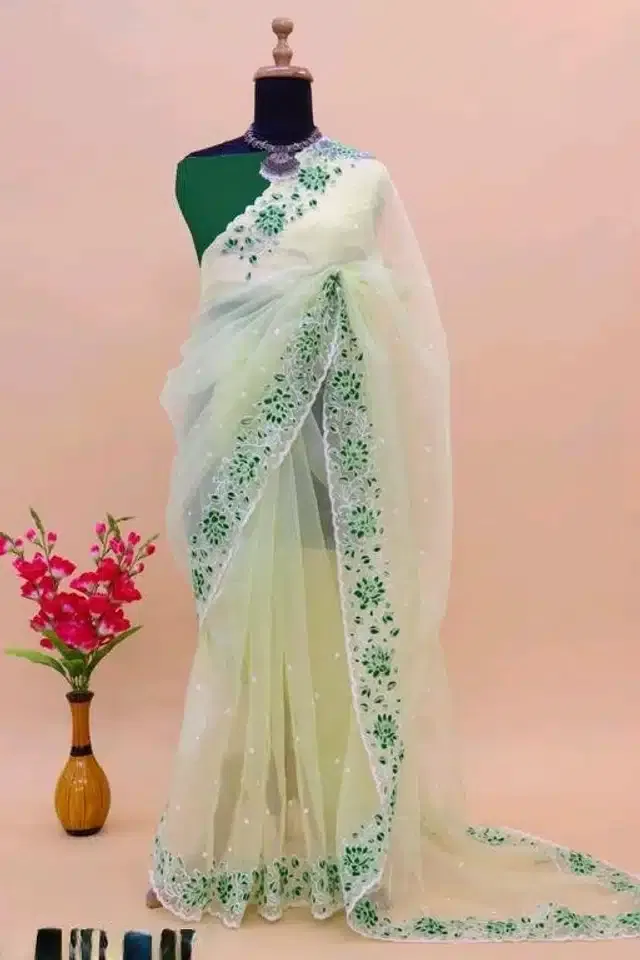 Organza Embroidered Saree for Women (Green, 6.3 m)
