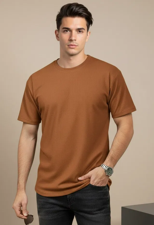 Polyester Round Neck T-shirt for Men, Brown (L)