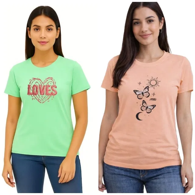 Cotton Blend T-shirt for Women, Peach & Green, Pack of 2 (L)