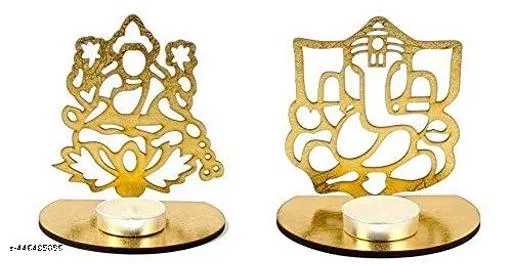 Wooden Sri Ganesh-Laxmiji Shadow Diya Holder (Gold, Set of 2)