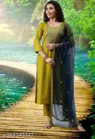 Cotton Blend Embroidered Kurta with Pant & Dupatta for Women 
