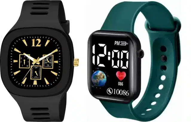 Analog with Smartwatch Combo for Men (Black & Teal, Pack of 2)
