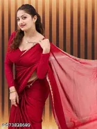 Georgette Solid Saree for Women, Red 