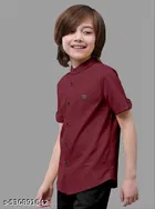 Solid Cotton Blend Mandarin Collar Short Sleeve Shirt for Boys 