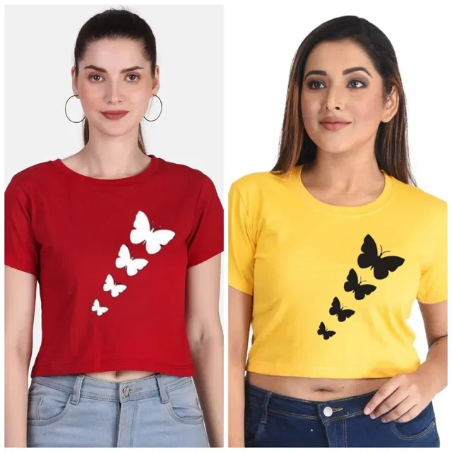 Round Neck Printed T-Shirts for Women (Maroon & Yellow, M) (Pack of 2)