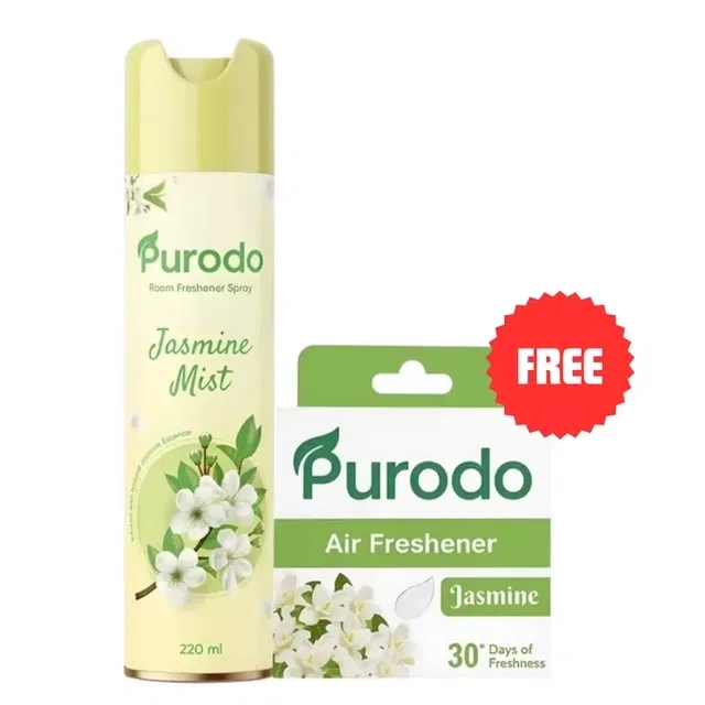 प्यूरोडो एयर फ्रेशनर स्प्रे 220ml जैस्मिन मिस्ट + एयर फ्रेशनर ब्लॉक जैस्मिन 50g (फ्री)