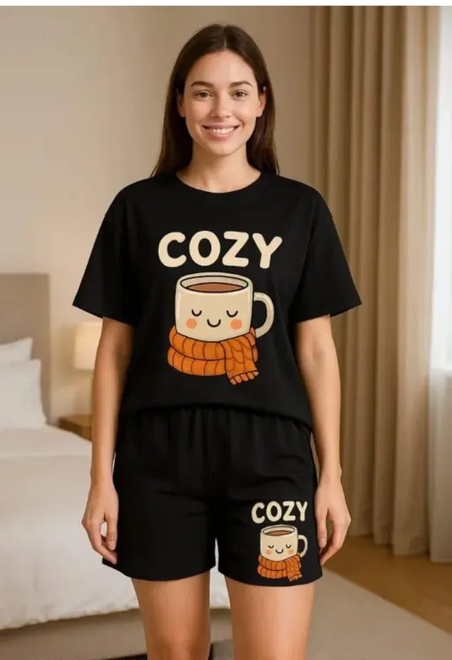 Cotton Blend Printed Top & Bottom Set for Women, Black (M)