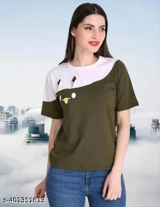Cotton Blend Printed T-Shirt for Women, Olive (XL)