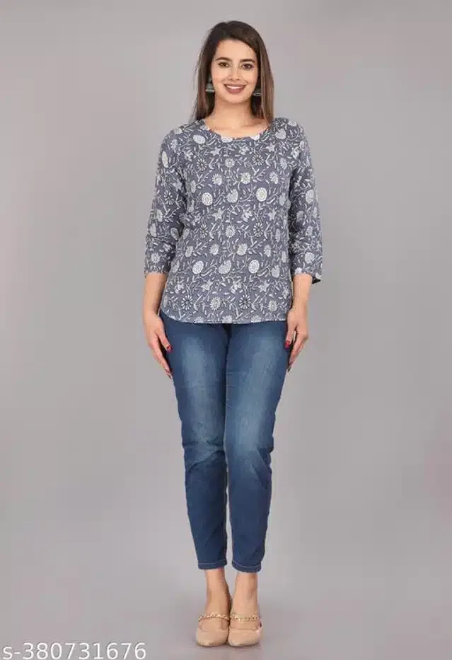 Rayon Printed Kurti for Women (Grey, XL)