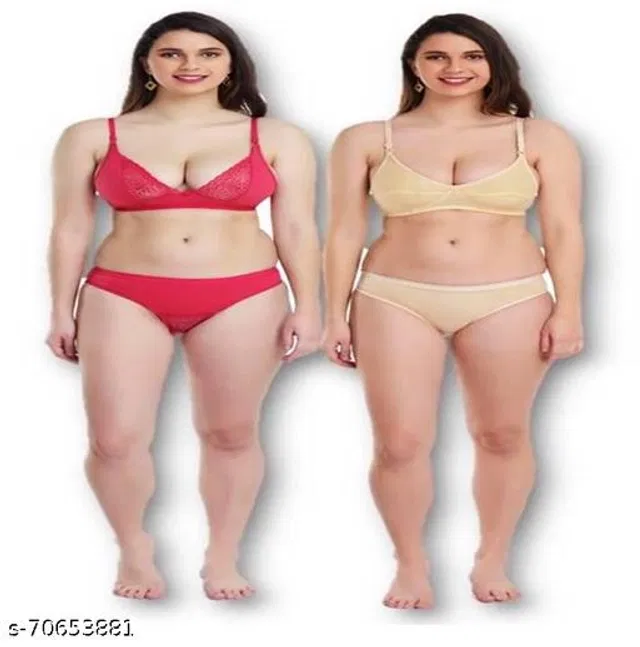 Cotton Blend Solid Lingerie Set for Women (Multicolor, 34A) (Pack of 2)