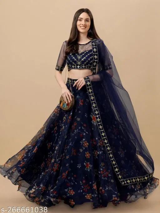 Lehenga Choli for Women (Blue, Free Size)