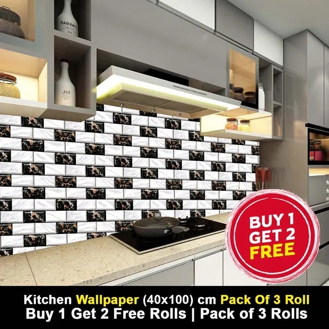 Vinyl Wallpaper for Kitchen Wall (Multicolor, 100x40 cm) (Pack of 3)