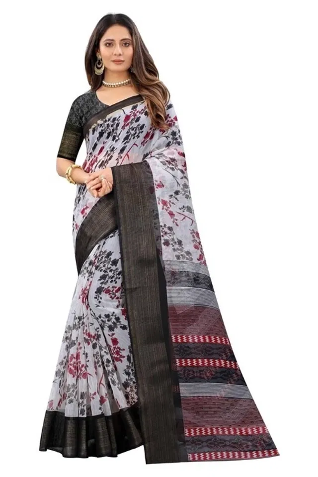 Cotton Printed Saree for Women (Black, 6.3 m)