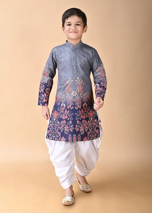 Rayon Printed Kurta with Dhoti for Boys, Grey & White (9-10 Years)