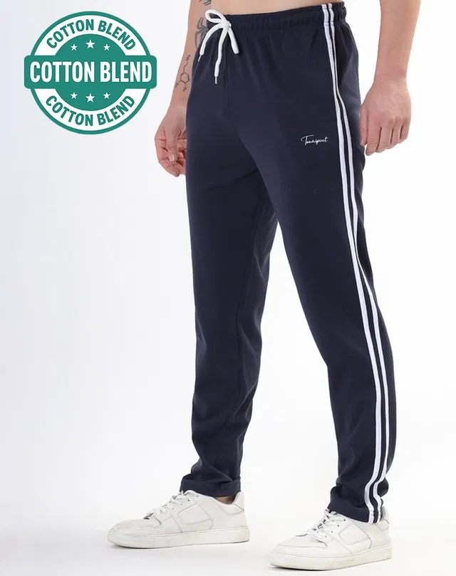 Cotton Blend Regular Fit Track Pants for Men (Blue, L)