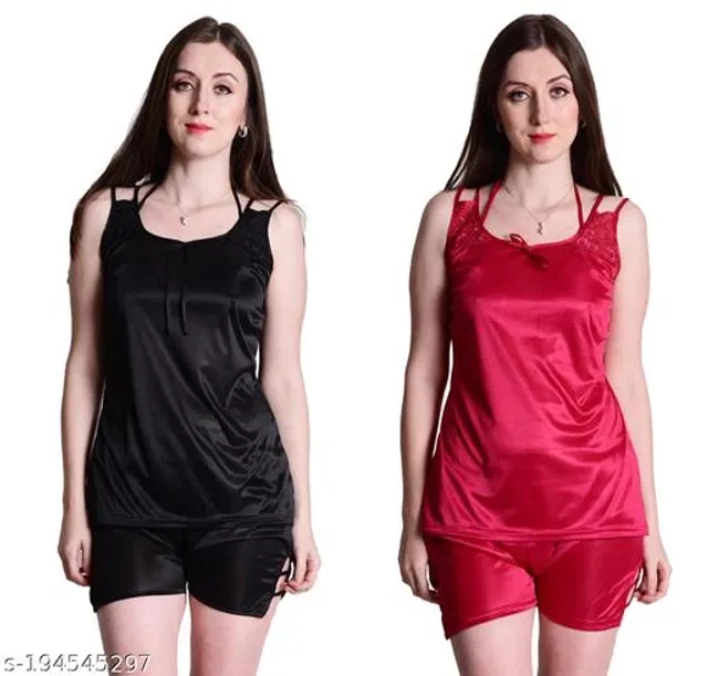 Satin Nightdress Set for Women (Black & Maroon, S) (Set of 2)
