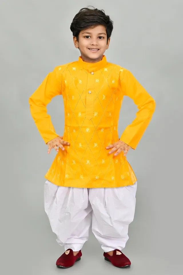 Cotton Blend Embroidery Kurta with Dhoti for Boys, Yellow & White (4-5 Years)