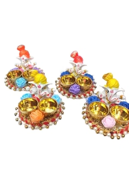 Metal Decorative Ganpati Haldi Kumkum Stand with 2 Roli Chawal Holder, Multicolor
