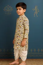 Cotton Printed Kurta with Dhoti for Boys, Beige & White 