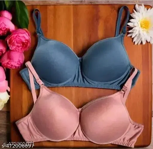 Cotton Solid Bra for Women & Girls, Blue & Pink, Pack of 2 (36A)